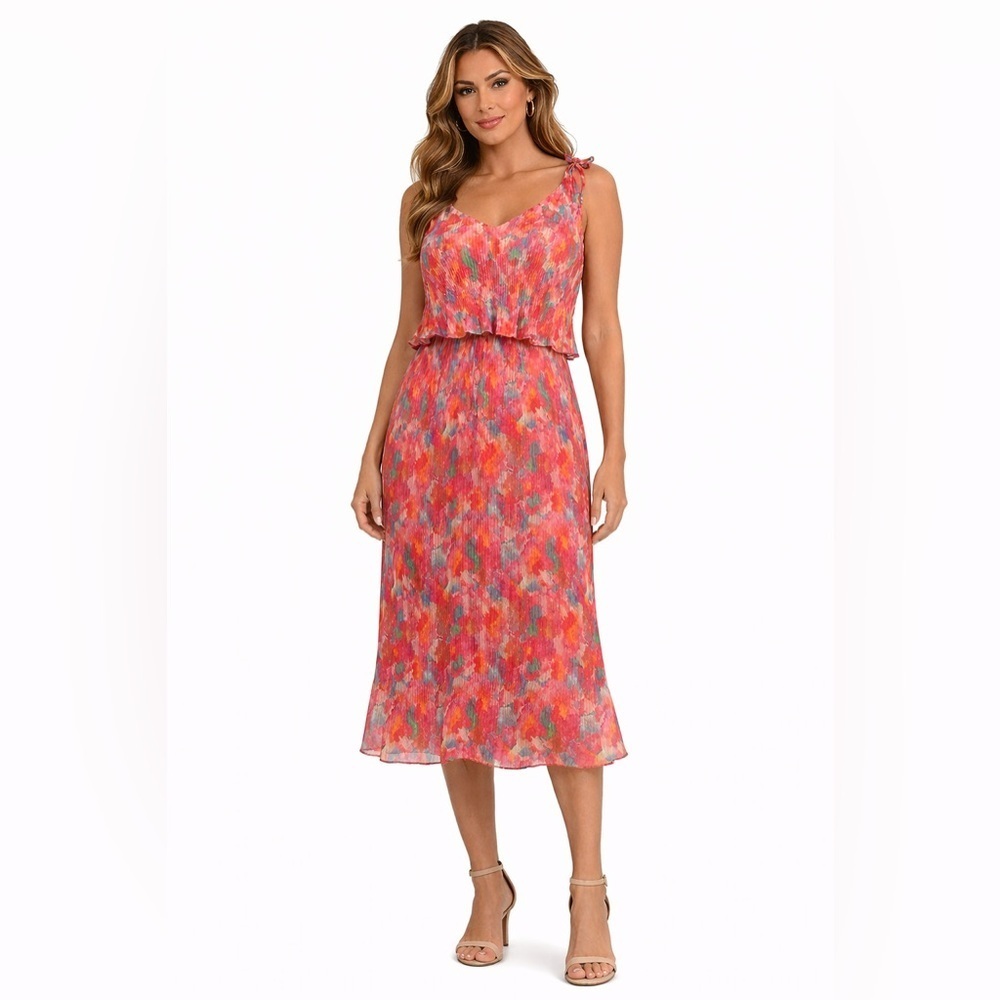 Chiffon Watercolor Maxi Dress | Pleated Lined Ruffle | Spring Feminine | Size XS